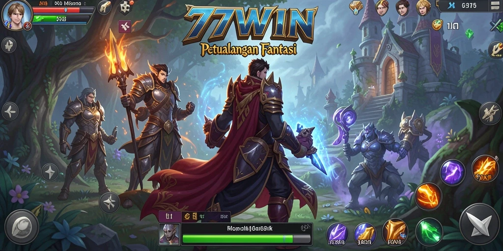Screenshot gameplay 77WIN menunjukkan pertempuran epik dengan karakter yang beragam.