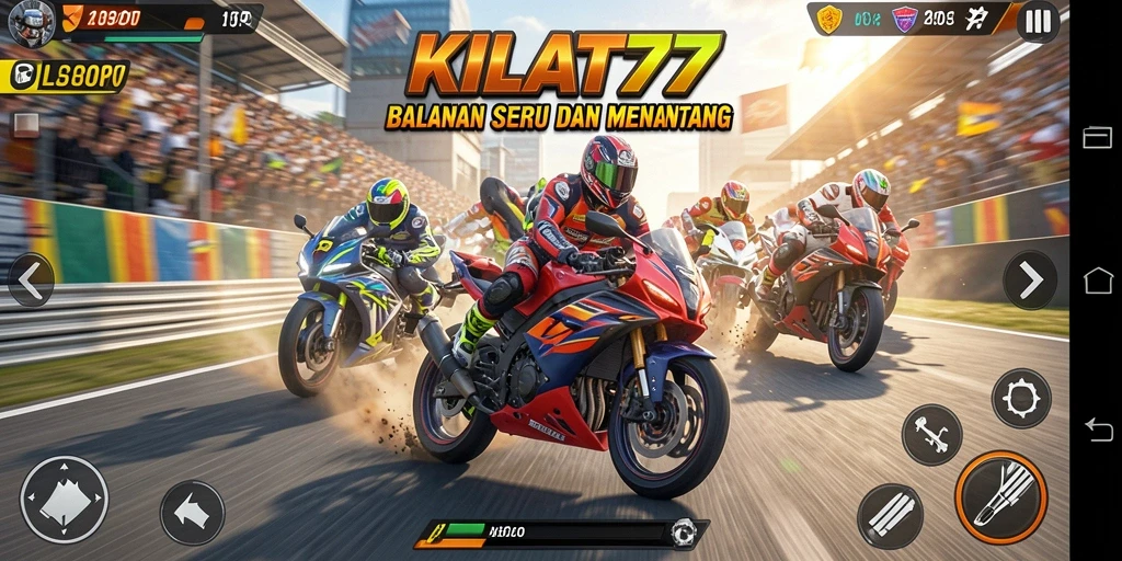 Tampilan gameplay KILAT77 yang mendebarkan dengan balapan motor cepat.