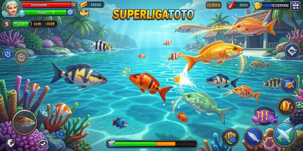 Tangkapan layar gameplay SUPERLIGATOTO yang menampilkan aksi tembak ikan yang seru.